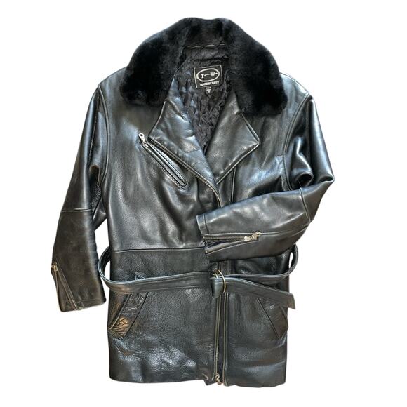 Tannery West 90s Black Leather Faux Fur Trim Coat size Small - Picture 1 of 15